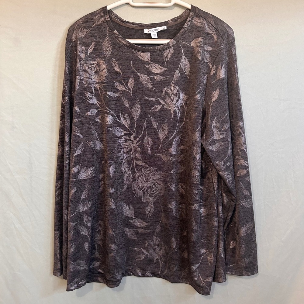 Chicos Metallic Floral Long Sleeve Top Gray Silver Knit Crew Neck Size 4 (XXL)